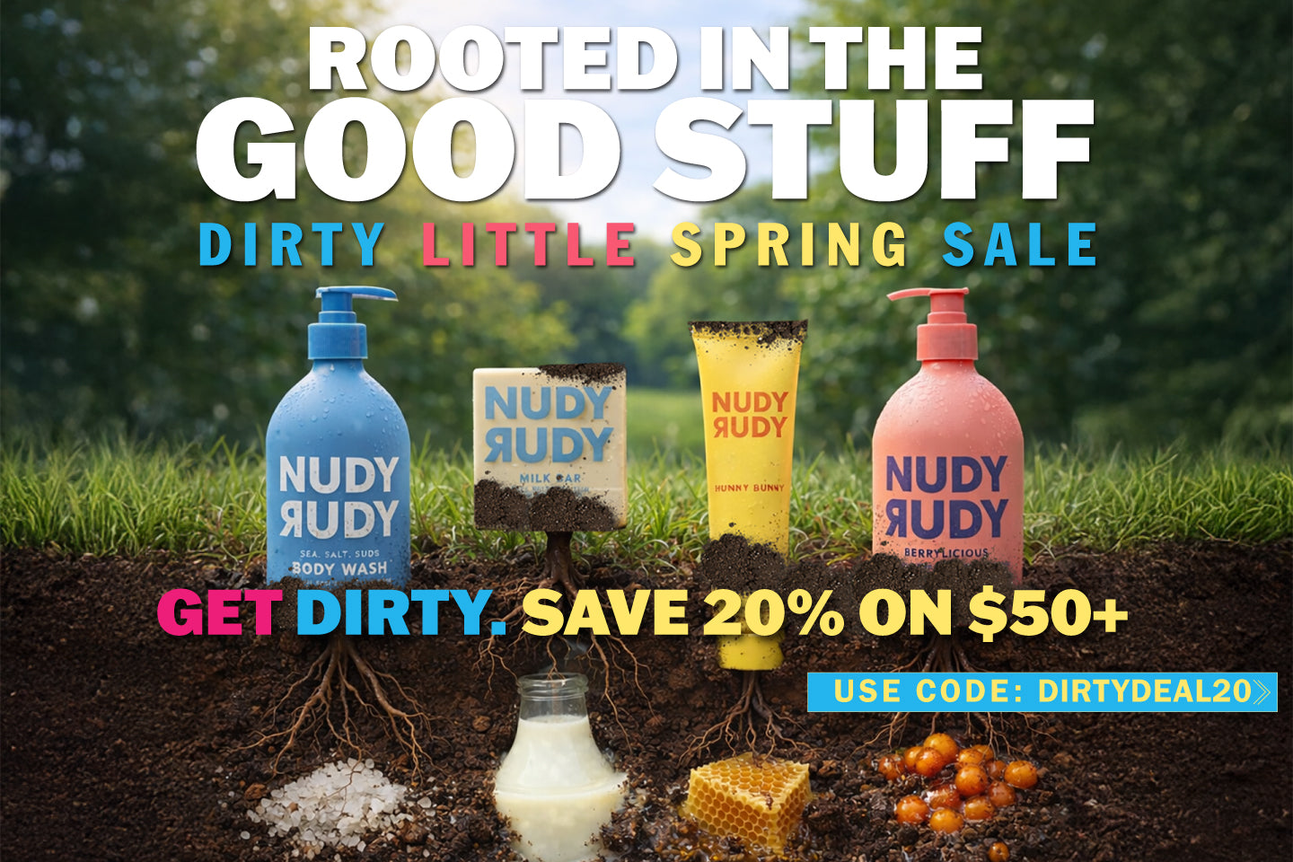 Promotional graphic for Nudy Rudy products with text about a spring sale.